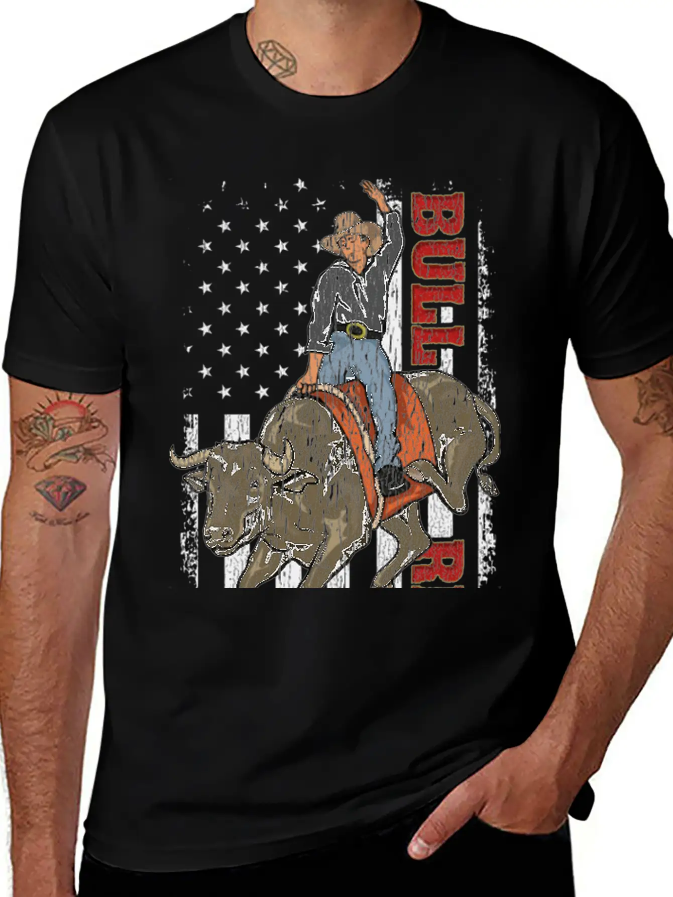 Vintage American Flag Bull Riding Gift Rodeo Bull Casual Graphic T-Shirt – Simple And Comfortable Daily Wear