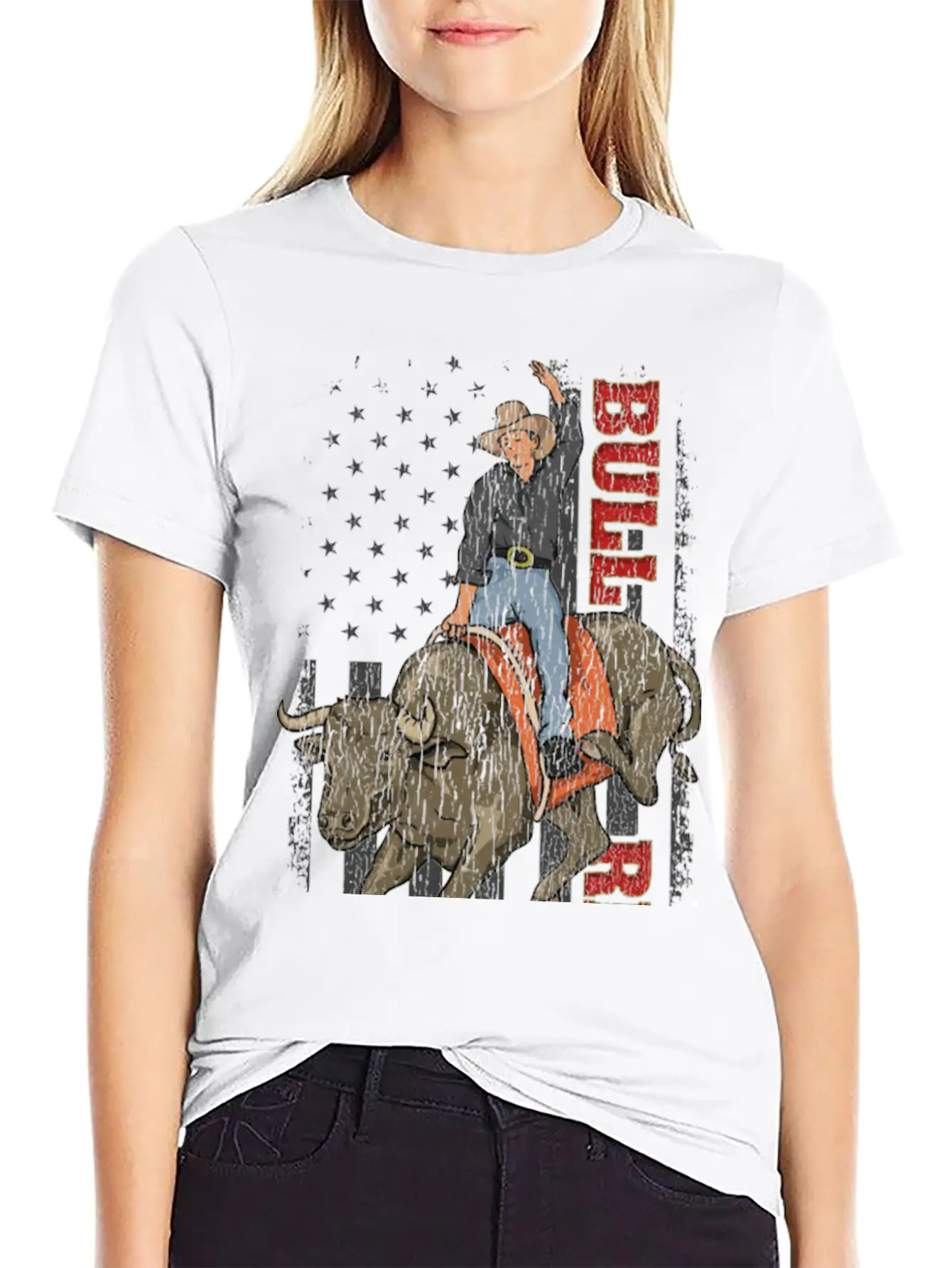 Vintage American Flag Bull Riding Gift Rodeo Bull Casual Graphic T-Shirt – Simple And Comfortable Daily Wear