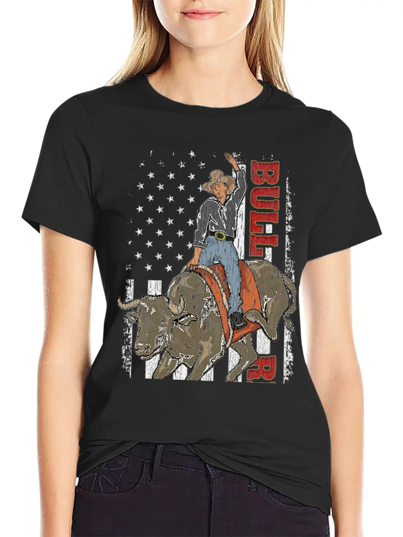 Vintage American Flag Bull Riding Gift Rodeo Bull Casual Graphic T-Shirt – Simple And Comfortable Daily Wear