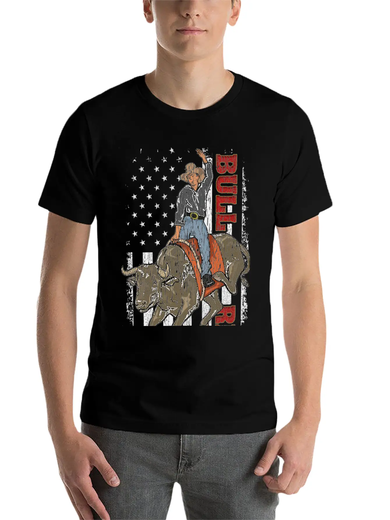 Vintage American Flag Bull Riding Gift Rodeo Bull Casual Graphic T-Shirt – Simple And Comfortable Daily Wear