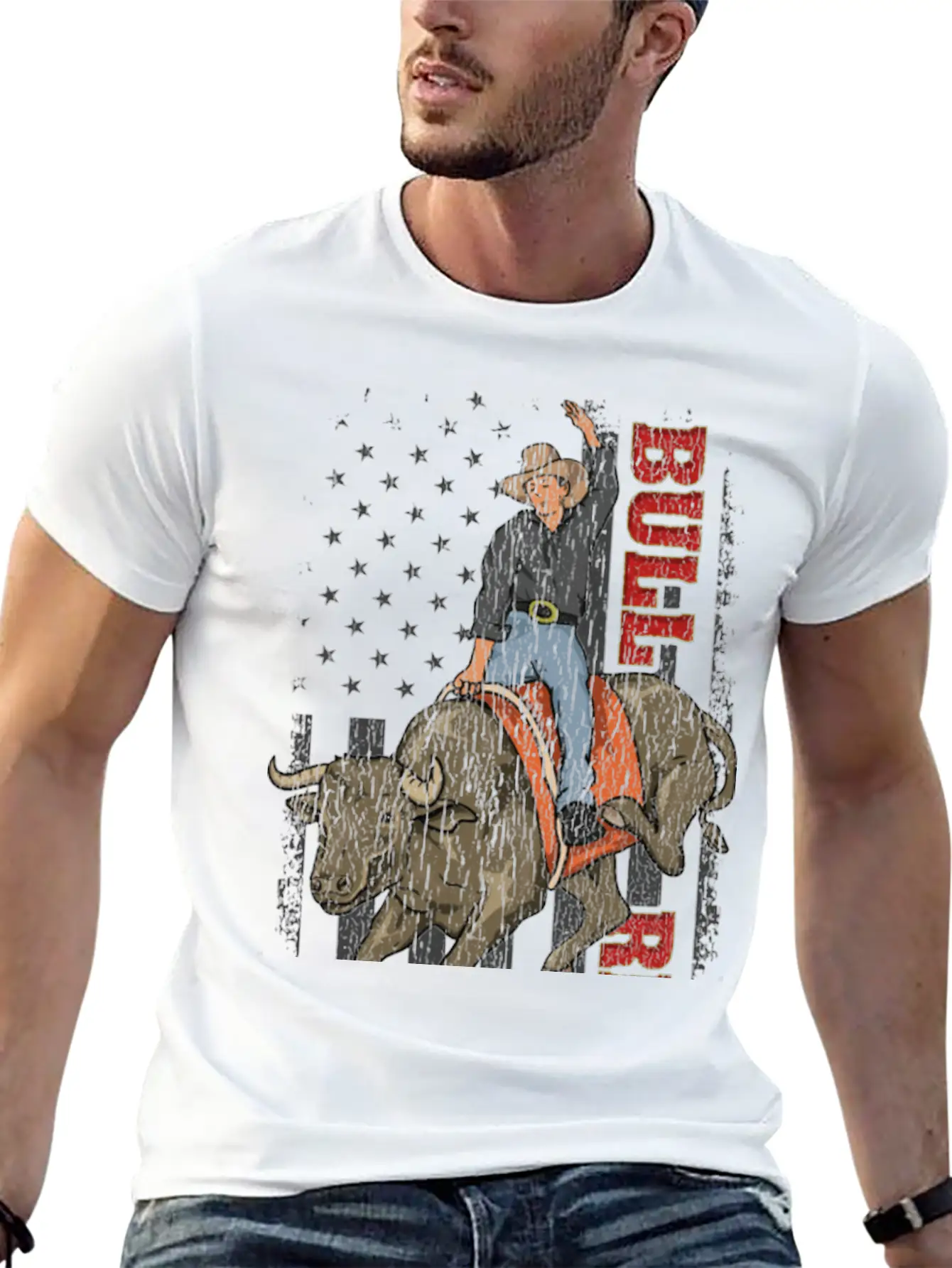 Vintage American Flag Bull Riding Gift Rodeo Bull Casual Graphic T-Shirt – Simple And Comfortable Daily Wear