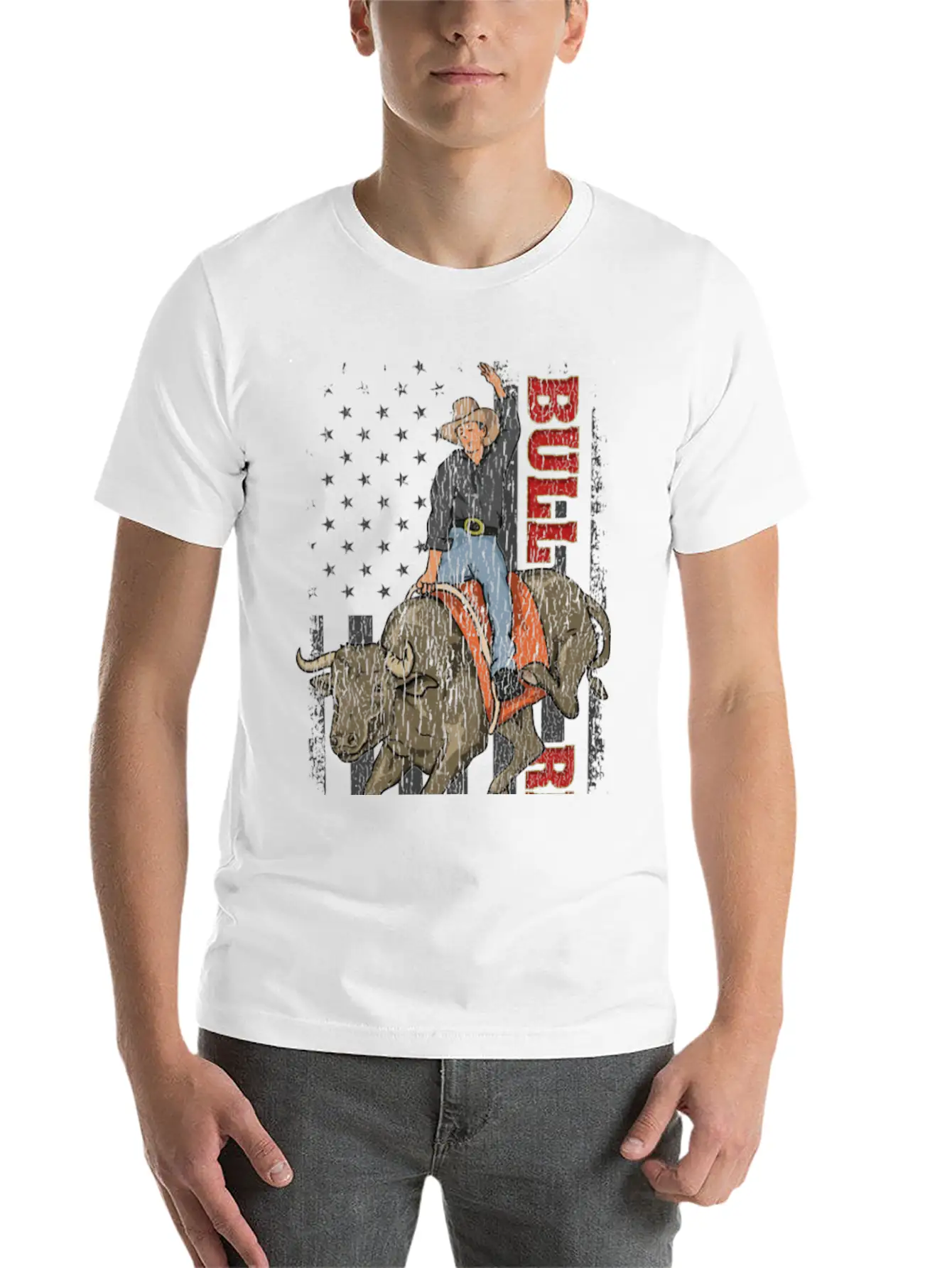 Vintage American Flag Bull Riding Gift Rodeo Bull Casual Graphic T-Shirt – Simple And Comfortable Daily Wear
