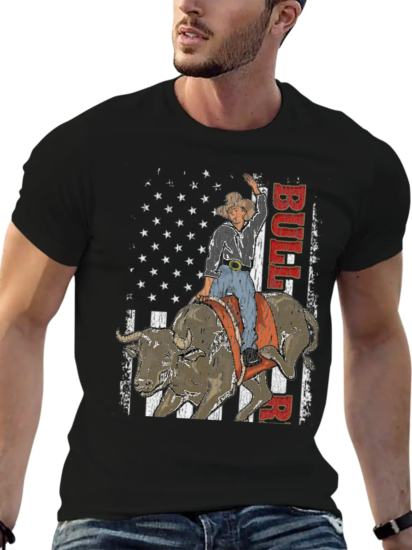 Vintage American Flag Bull Riding Gift Rodeo Bull Casual Graphic T-Shirt – Simple And Comfortable Daily Wear