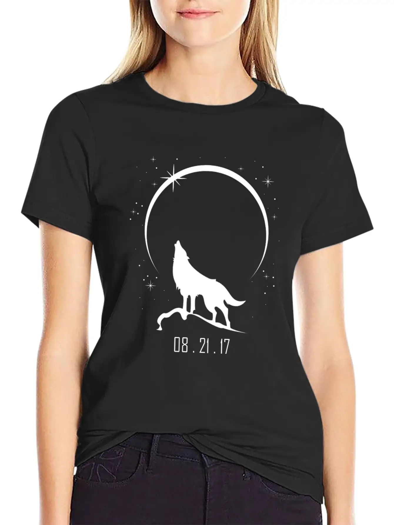 Wolf Howling At Solar Eclipse 2017 Casual Graphic T-Shirt – Simple And Comfortable Daily Wear