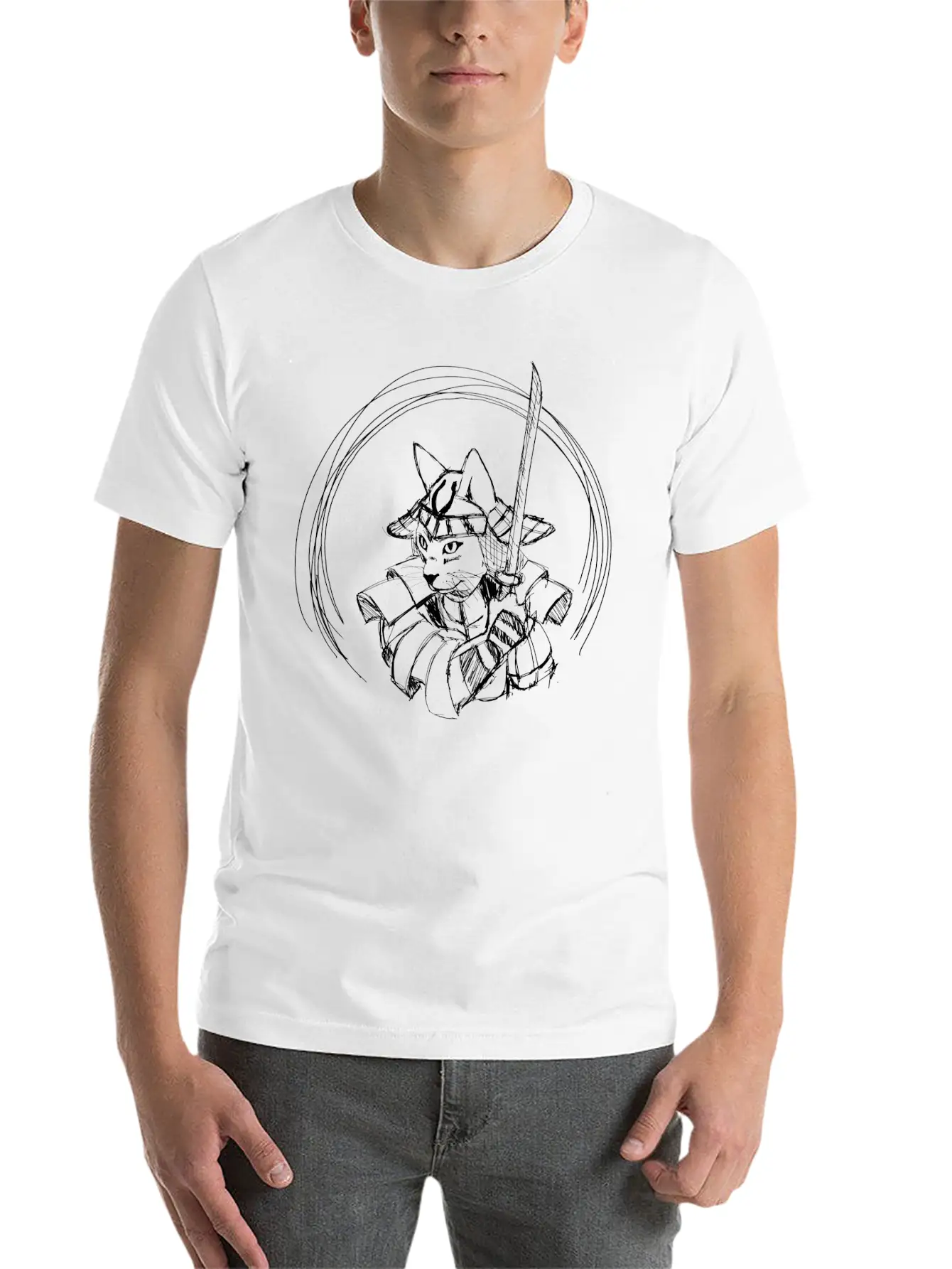 Cute Hand Drawn Samurai Cat With Sword, Japan Art Classic Cotton Tee – Unisex Comfort For Any Season