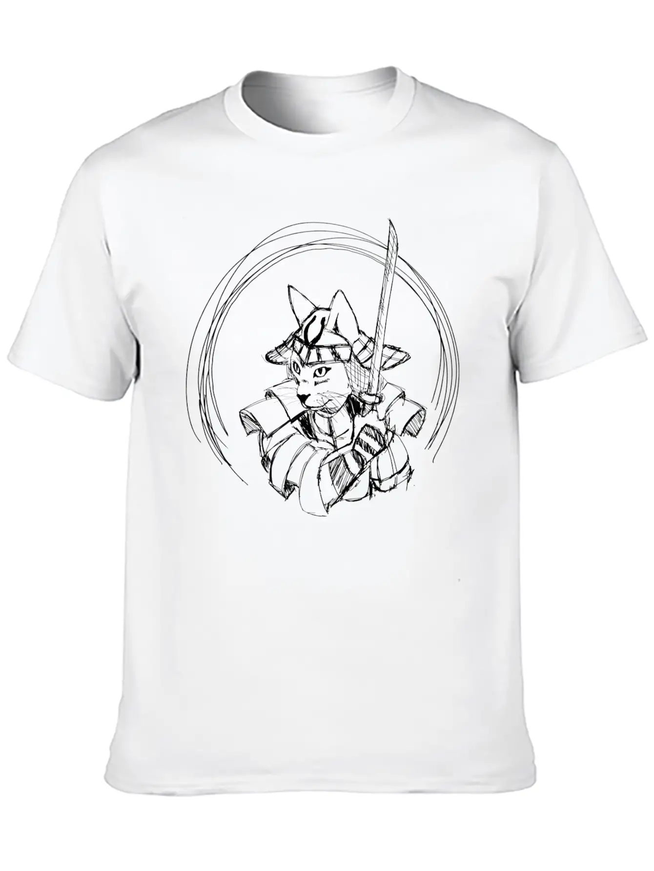 Cute Hand Drawn Samurai Cat With Sword, Japan Art Classic Cotton Tee – Unisex Comfort For Any Season