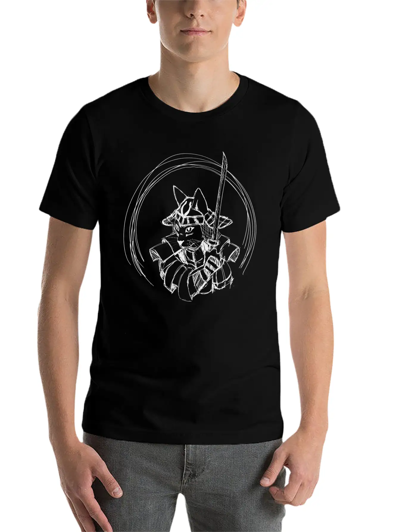 Cute Hand Drawn Samurai Cat With Sword, Japan Art Classic Cotton Tee – Unisex Comfort For Any Season