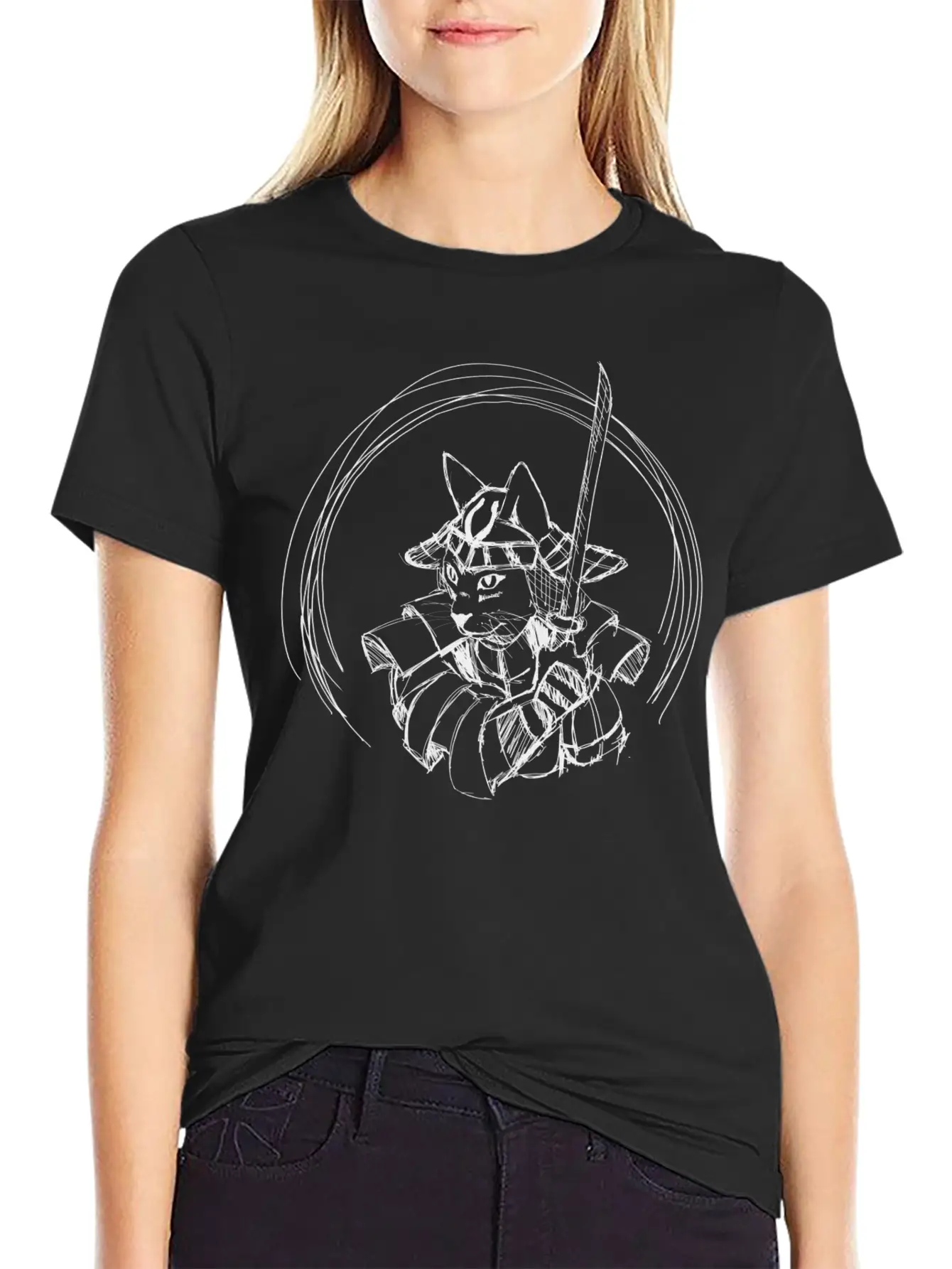Cute Hand Drawn Samurai Cat With Sword, Japan Art Classic Cotton Tee – Unisex Comfort For Any Season
