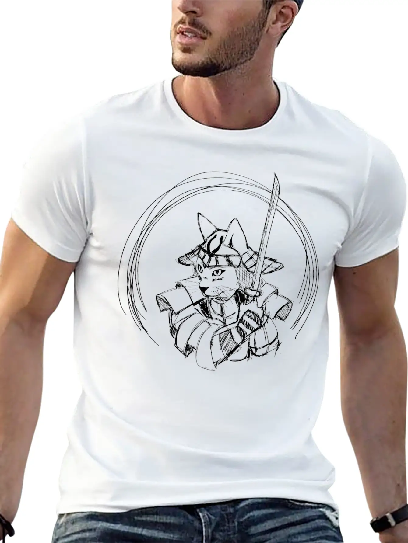 Cute Hand Drawn Samurai Cat With Sword, Japan Art Classic Cotton Tee – Unisex Comfort For Any Season