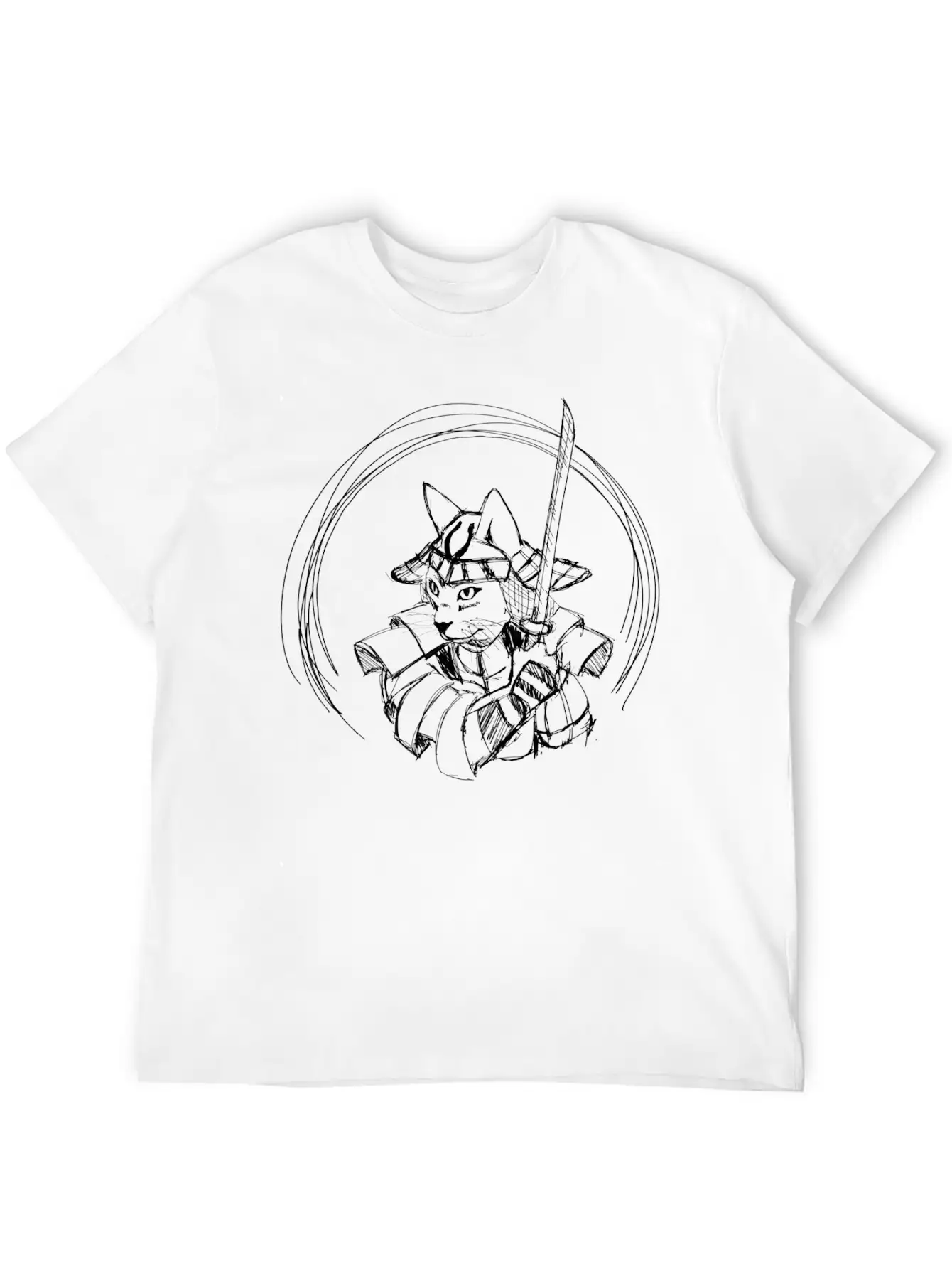 Cute Hand Drawn Samurai Cat With Sword, Japan Art Classic Cotton Tee – Unisex Comfort For Any Season