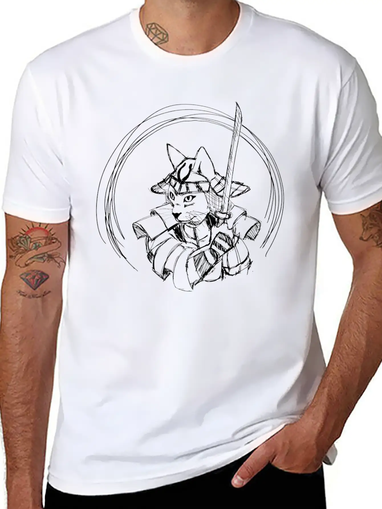 Cute Hand Drawn Samurai Cat With Sword, Japan Art Classic Cotton Tee – Unisex Comfort For Any Season