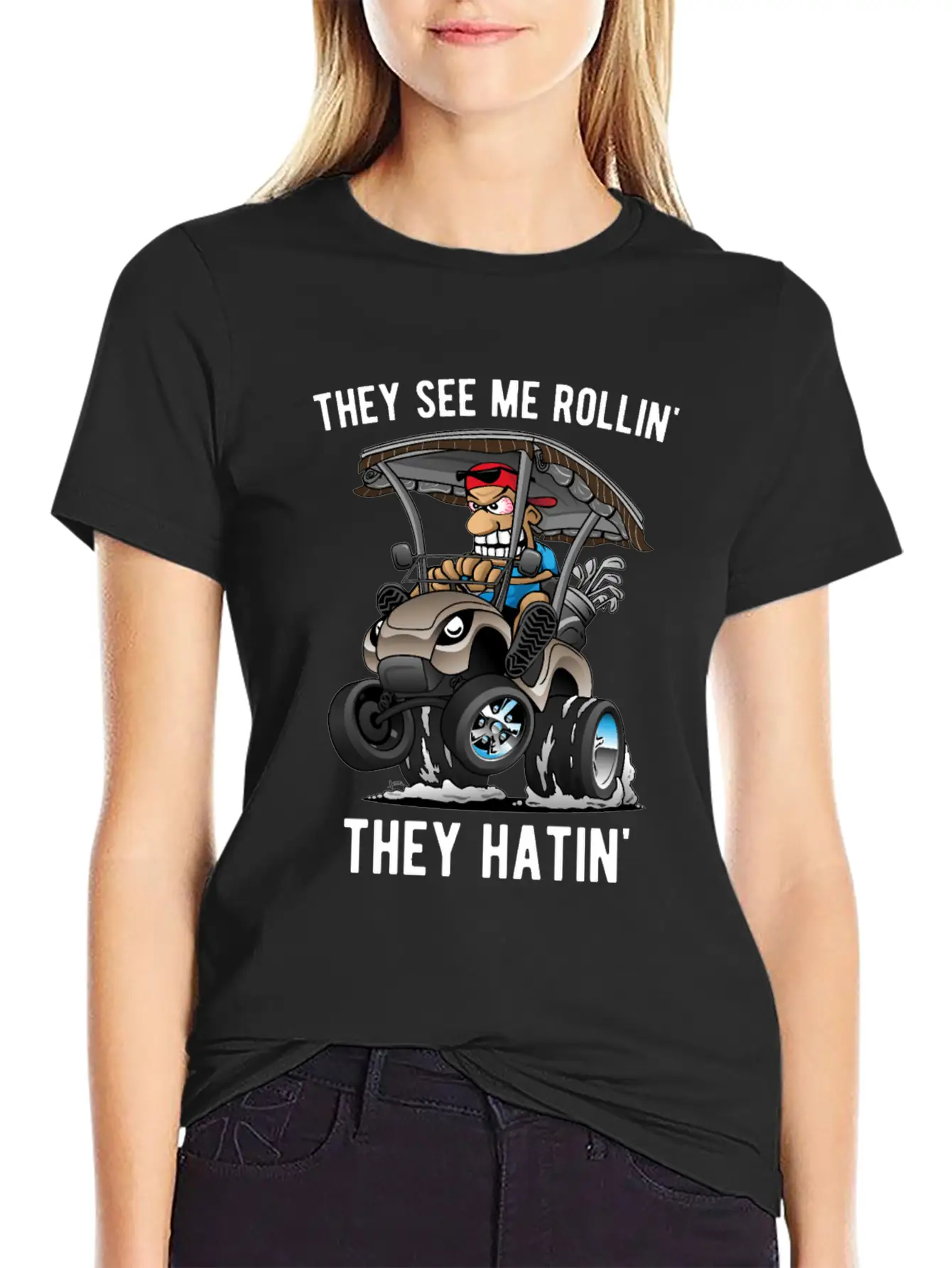 They See Me Rollin' They Hatin' Golf Cart Cartoon Essential Unisex Summer Tee – Soft Cotton Casual Fit